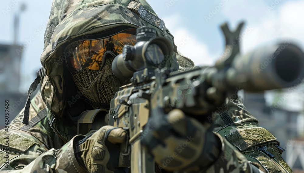 Fototapeta premium Camouflaged Soldier Aiming Rifle During Military Training Exercise
