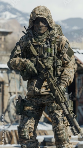 Camouflaged Soldier Holding Rifle in Snowy Urban Battlefield