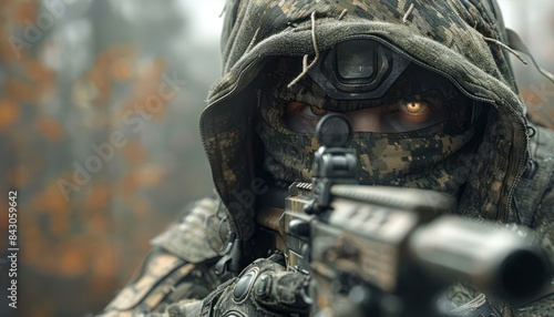 Camouflaged Soldier Aiming Rifle in Woodland Setting