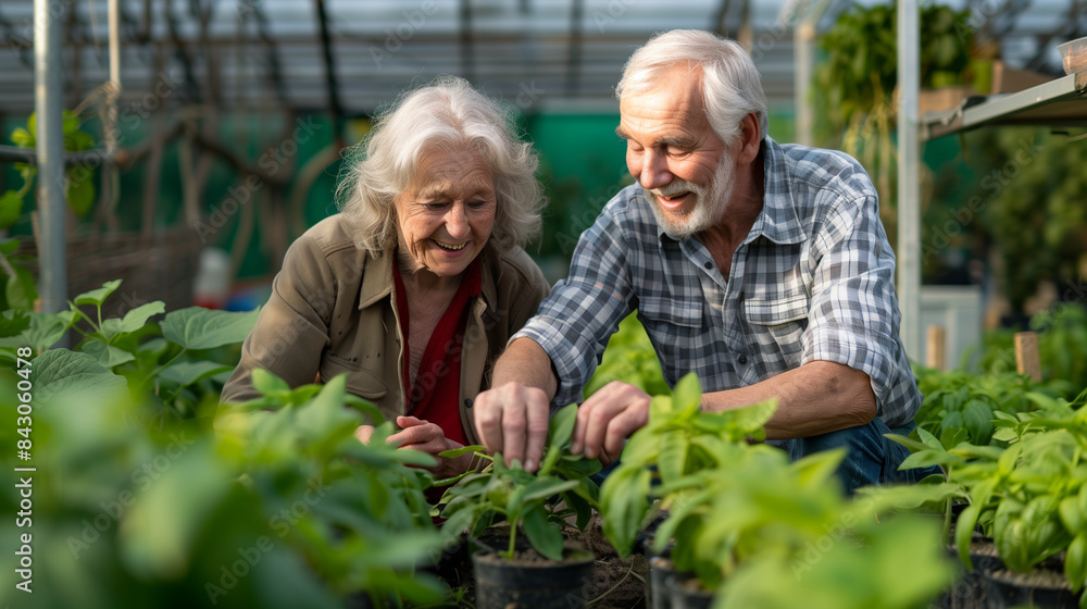 Elderly couple gardeners working in the garden greenhouse with their family Elderly couple gardeners working in the garden greenhouse with their family