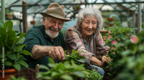 Elderly couple gardeners working in the garden greenhouse with their family