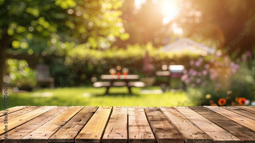 Wooden table in a serene backyard against a blurry background of trees, flowers, and garden furniture. Wooden table in a serene backyard against a blurry background of trees, flowers, and garden furniture.