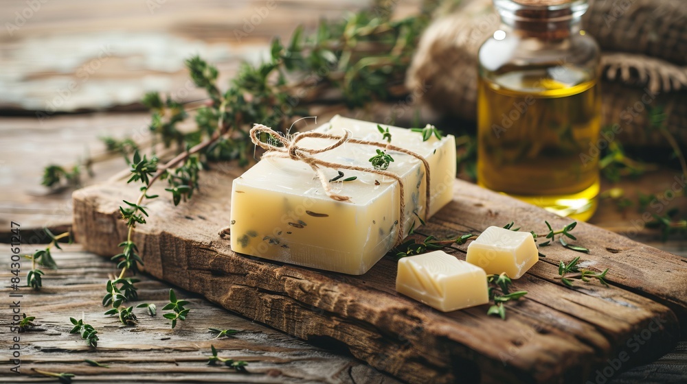 Rustic natural soap bar with organic herbs on wooden table. Handcrafted style ideal for relaxation and self-care. Perfect for spa and gift sets. Fresh and clean with a touch of nature. AI Rustic natural soap bar with organic herbs on wooden table. Handcrafted style ideal for relaxation and self-care. Perfect for spa and gift sets. Fresh and clean with a touch of nature. AI