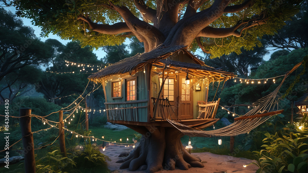 Obraz premium Tucked away in the branches, the treehouse is a magical sanctuary, with twinkling fairy lights and a cozy hammock for lazy afternoons, Generative AI
