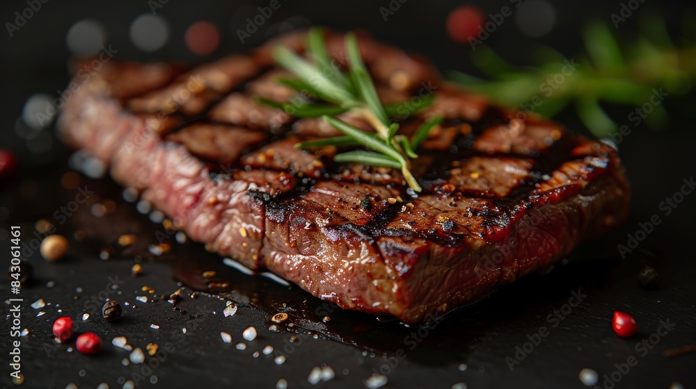 Sizzling grilled steak seasoned with spices and herbs on a dark, textured background Sizzling grilled steak seasoned with spices and herbs on a dark, textured background