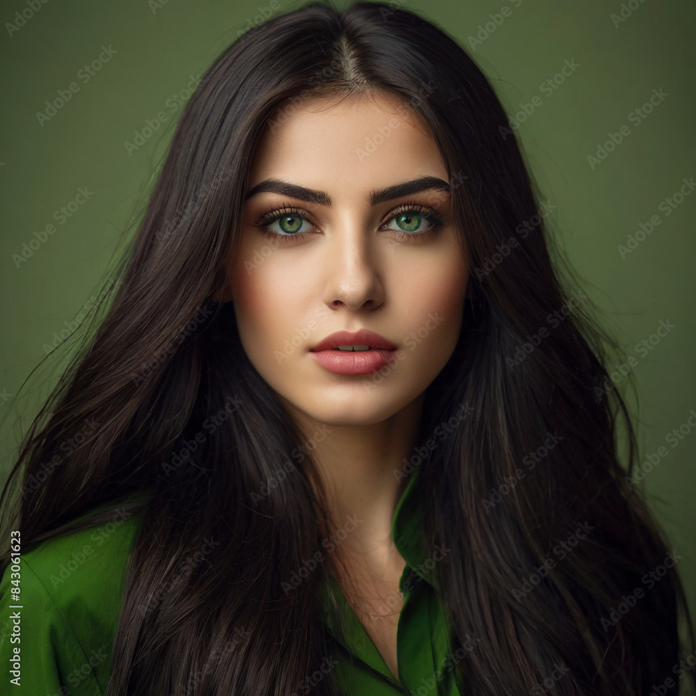 Naklejka premium portrait of a straight, long hair girl with green eyes . Ai Generative 