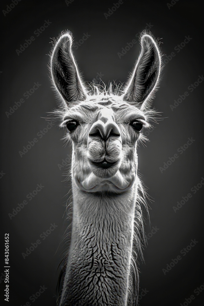 Fototapeta premium Black and white portrait of a llama.