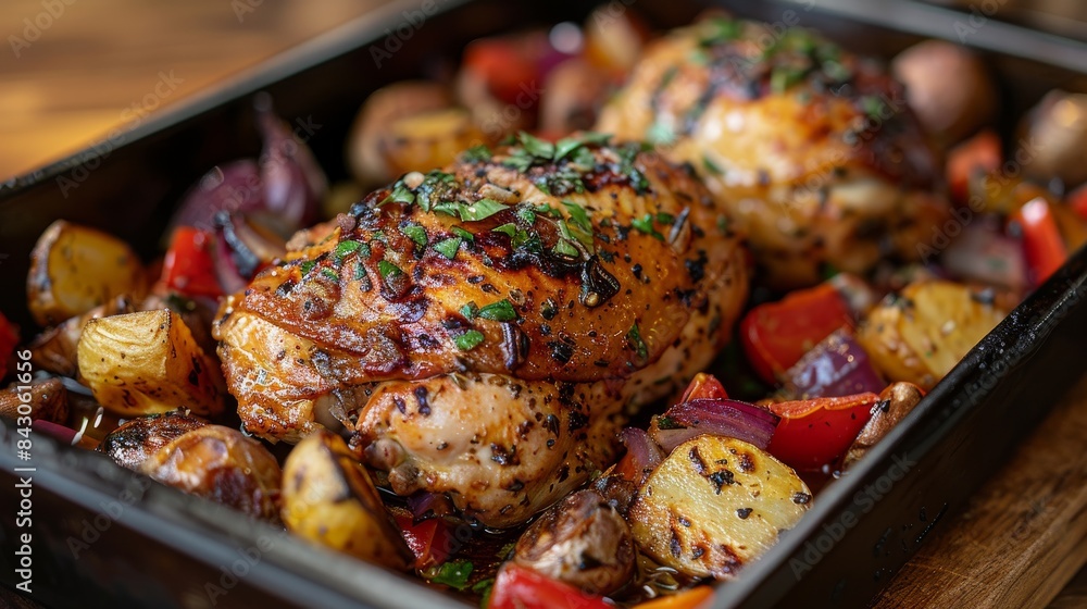 Juicy roasted chicken breasts with a colorful mix of vegetables in a black roasting pan Juicy roasted chicken breasts with a colorful mix of vegetables in a black roasting pan