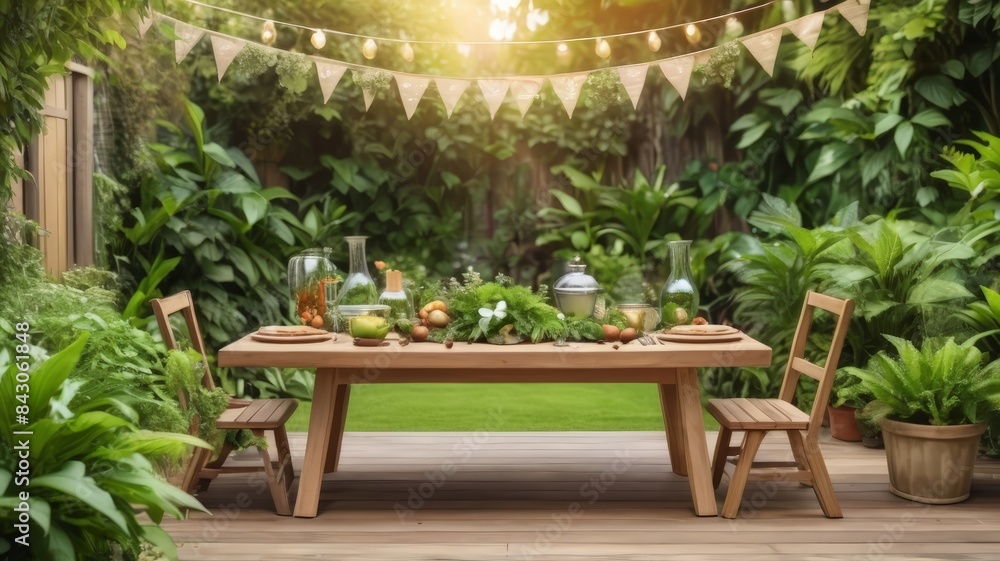 wooden table with garden view. Empty wooden table with garden bokeh for a catering or food background with a country outdoor theme wooden table with garden view. Empty wooden table with garden bokeh for a catering or food background with a country outdoor theme