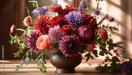 Velvet Elegance: Digital Painting of a Luxurious Flower Bouquet in Antique Vase"