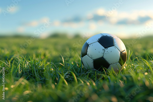 Bright Soccer Ball on a Field of Green Grass with Clear Blue Sky and Sunlight