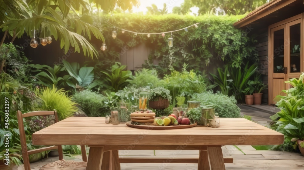 wooden table with garden view. Empty wooden table with garden bokeh for a catering or food background with a country outdoor theme wooden table with garden view. Empty wooden table with garden bokeh for a catering or food background with a country outdoor theme