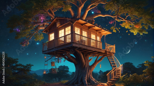 Elevated among the branches, the treehouse is a haven for imagination, with colorful banners fluttering in the breeze and a telescope for stargazing at night, Generative AI