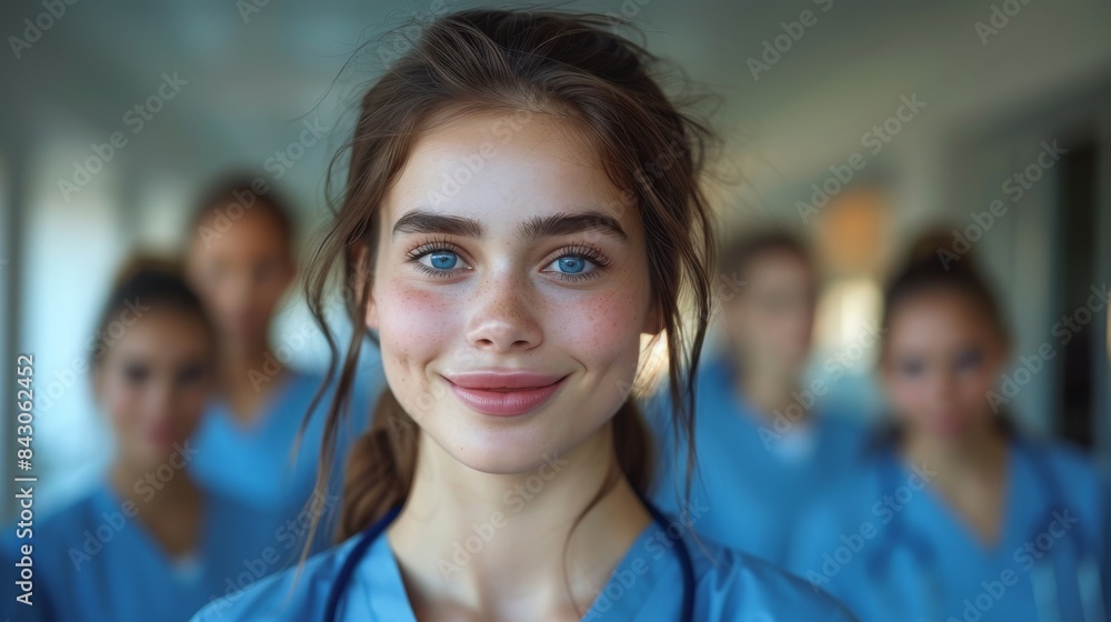 A clear and focused portrait of a young woman smiling with blurred medical team members in the background A clear and focused portrait of a young woman smiling with blurred medical team members in the background