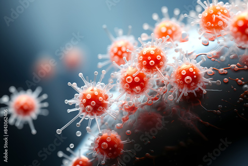 Red coronavirus molecules on a dark background