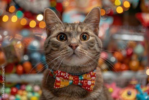 International Cat Day. A close-up photo of a cat with a festive, cat-themed collar or bow tie, surrounded by a backdrop of colorful cat toys and treats.