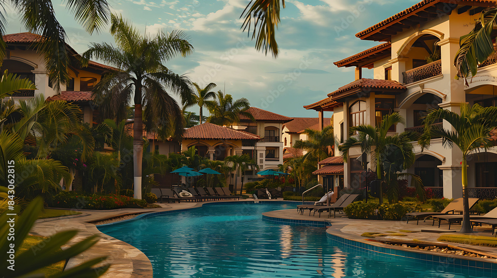 Fototapeta premium An upscale condo resort with spacious accommodations and a vibrant atmosphere, captured in crystal clear HD