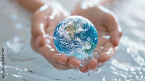 Globe cradled in caring hands, emphasizing water conservation for World Water Day, simple and clean background