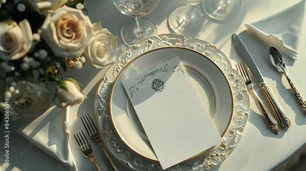 High-end dining setup featuring designer plates and intricate silverware, menu invitation card on a white cinematic surface High-end dining setup featuring designer plates and intricate silverware, menu invitation card on a white cinematic surface