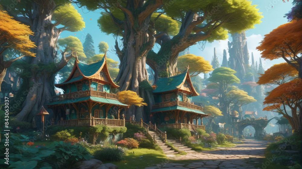 Obraz premium Among the towering trees, the elf village stands as a testament to creativity, with each dwelling boasting a unique color palette inspired by the natural world, Generative AI
