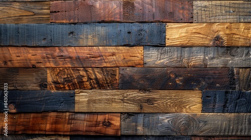 Richly textured wall created from various colored and patterned wooden planks, suggesting rustic charm photo