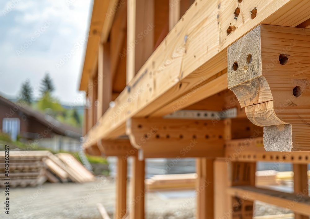 Intricate wooden frame details of a prefabricated house, showcasing precise joinery, realistic textures, and vibrant wood grain at a construction site Intricate wooden frame details of a prefabricated house, showcasing precise joinery, realistic textures, and vibrant wood grain at a construction site