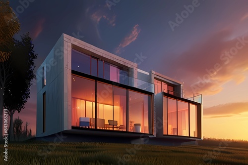 Ð¡oncept of an advanced house. The windows reflect a beautiful sunset. 3d render. The concept of an advanced house. The windows reflect a beautiful sunset. 3d render. Can be used for advertising of de photo