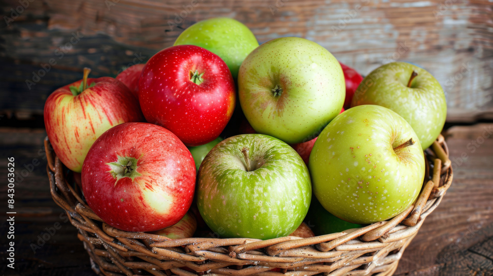 Assorted Red and Green Apples in Rustic Basket on Wooden Surface Assorted Red and Green Apples in Rustic Basket on Wooden Surface
