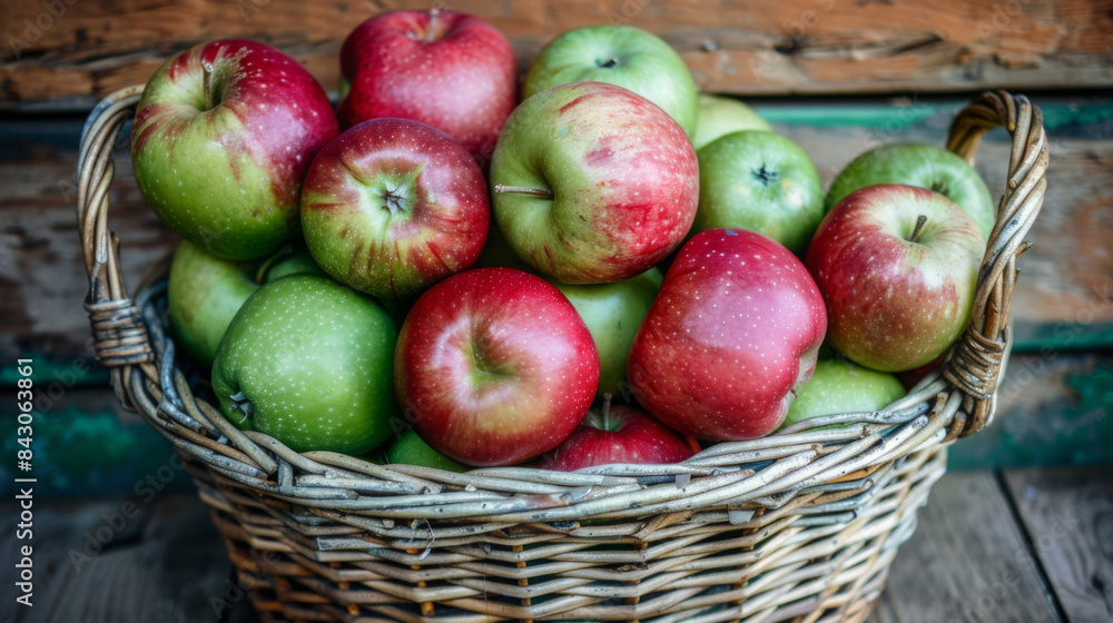 Rustic Basket of Various Red and Green Apples on Wooden Table Rustic Basket of Various Red and Green Apples on Wooden Table
