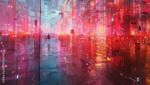 Blurry Figures Walking Through A Modern Glass Corridor With Red And Blue Lights