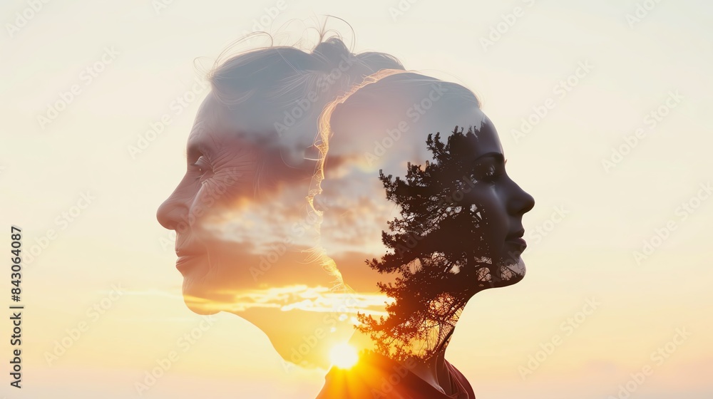 Double exposure of a woman's profile with a serene sunset landscape, symbolizing harmony between nature and human spirit. Double exposure of a woman's profile with a serene sunset landscape, symbolizing harmony between nature and human spirit.