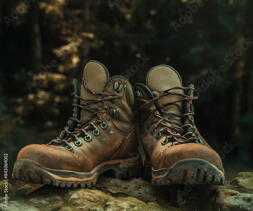 Triumphant Hiking Boots on Rocky Mountain Trail: Embrace Adventure Amidst Breathtaking Vistas and Rugged Terrain, Conquering Nature's Challenges with Endurance and Thrill. © Amir Sutan 