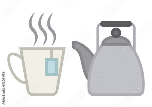 Taza con infusión y tetera de metal.