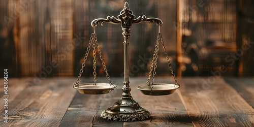 Symbolic scales of justice on dark wooden background symbolize fairness and equality. Concept Law and Justice, Symbolism, Equality, Fairness, Wooden Background