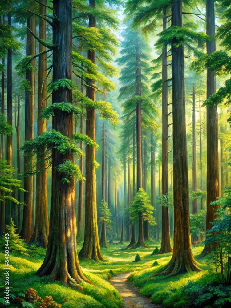 Serene forest scene with tall trees and lush greenery.