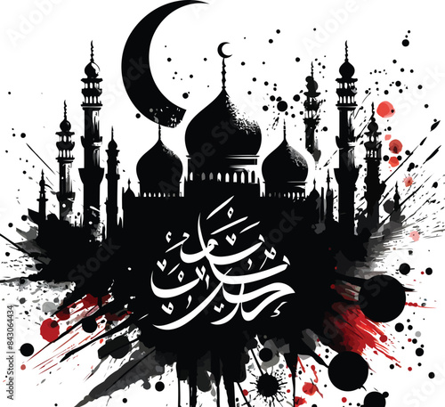 Vector Arabic calligraphy reading Eid Mubarak with mosque domes, minarets, and ed and black paint splatters in the background
