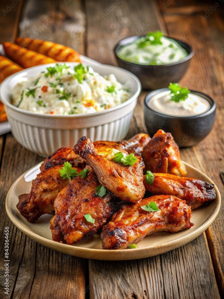 Fototapeta premium Plate of spicy chicken wings with dipping sauces.