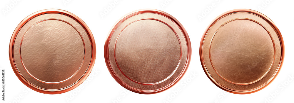 Set of realistic blank copper coins or medals isolated on white, empty metallic token template Set of realistic blank copper coins or medals isolated on white, empty metallic token template