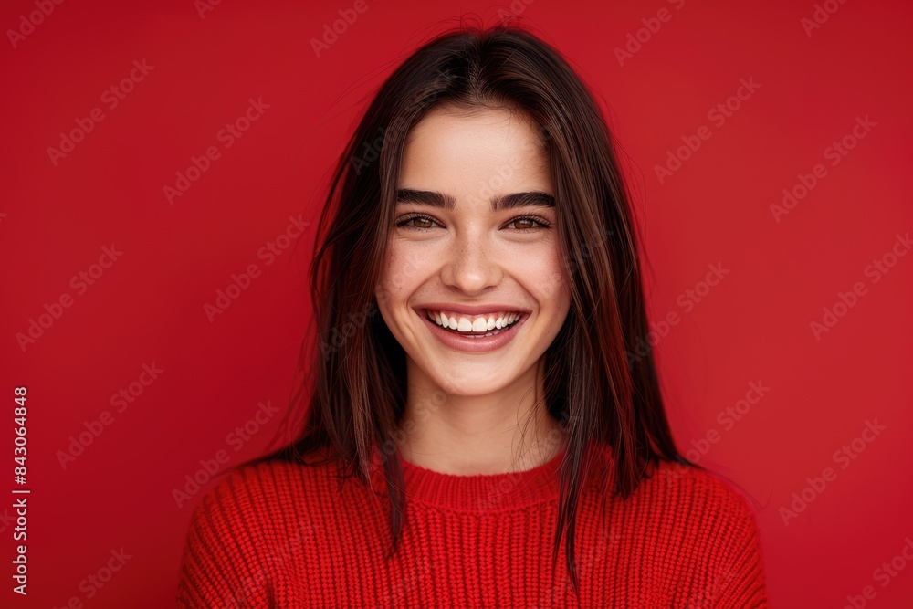 Holiday Teeth. Celebrate Good Mood with Beautiful Girl in Red Sweater Smiling on Red Background Holiday Teeth. Celebrate Good Mood with Beautiful Girl in Red Sweater Smiling on Red Background