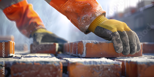 Skilled Workers Hands Precisely Laying Bricks for Construction in a Residential Building Project. 