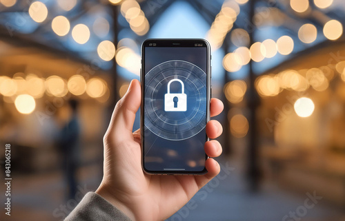 Teléfono móvil bloqueado en la mano con gran candado. Fondo desenfocado. Concepto de ciberseguridad photo