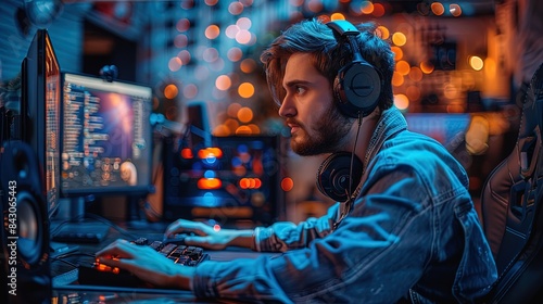 A man is sitting in front of a computer with a headset on