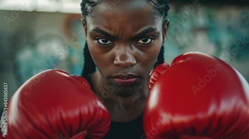 Boxing Gloves Punching. African American Woman Fighter Showcasing Strength and Determination © Popelniushka