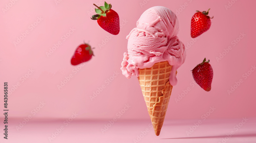 Strawberry ice cream in a waffle cone with strawberries on a pink background. It's floating in the air and has a vertical banner. Strawberry ice cream in a waffle cone with strawberries on a pink background. It's floating in the air and has a vertical banner.