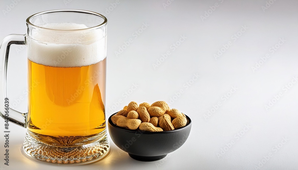 roasted peanut or peanuts with a cold beer in glass mug or bottle - Arachis hypogaea - isolated on white background with copy space. sports bar, tavern, saloon, pub standards. roasted peanut or peanuts with a cold beer in glass mug or bottle - Arachis hypogaea - isolated on white background with copy space. sports bar, tavern, saloon, pub standards.