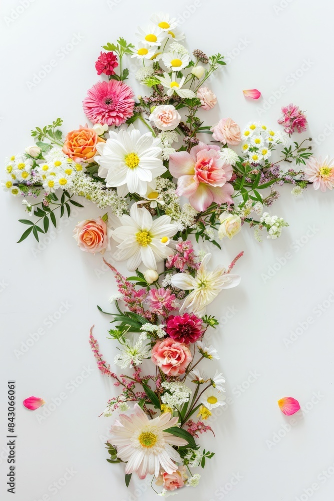 Obraz premium Flower Cross. Christian Symbol of Love for Easter with Floral and Jesus Christ Background