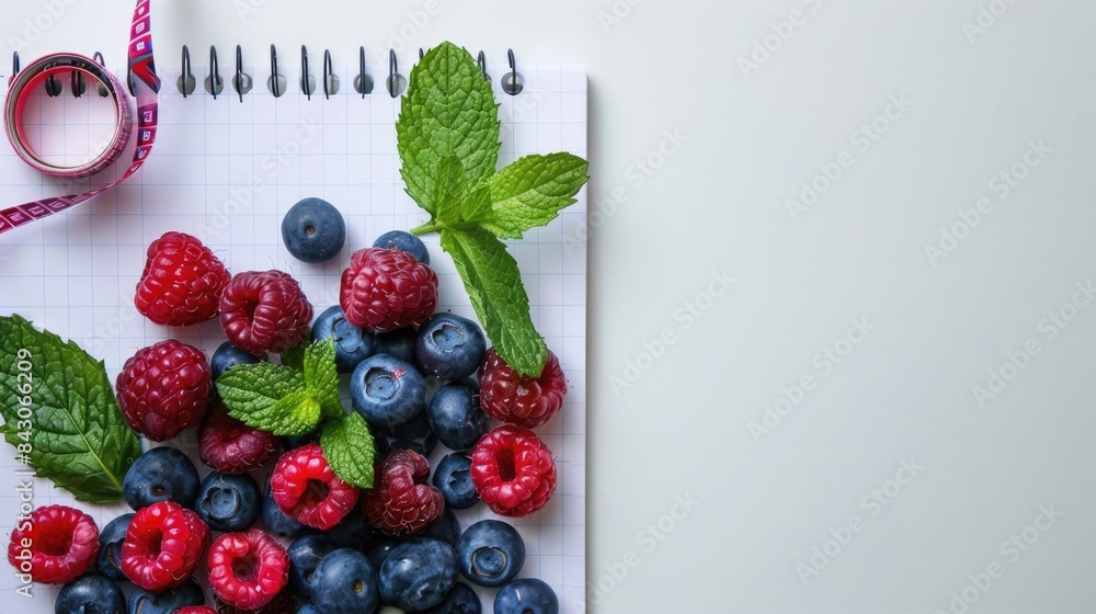 Healthy Start. Diet Plan with Fresh Berries and Notepad for Writing Notes on Nutrition Healthy Start. Diet Plan with Fresh Berries and Notepad for Writing Notes on Nutrition