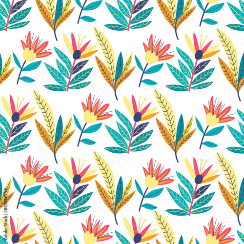 Floral seamless pattern with  bright exotic tropical flowers and leaves on white. Great for fabrics, especially for linens, wrapping papers, wallpapers, covers. Vector illustration in flat style © Anna Druzhkova