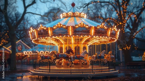 This image captures a beautifully lit carousel in an evening setting, creating a magical ambiance photo