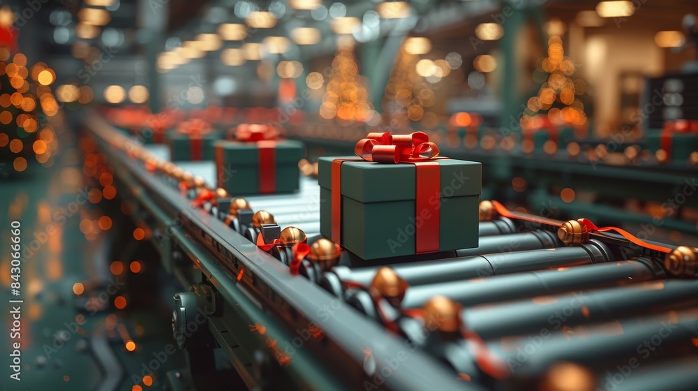 A conveyor belt in a factory-like setting adorned with festive holiday decorations, conveying a sense of seasonal production
